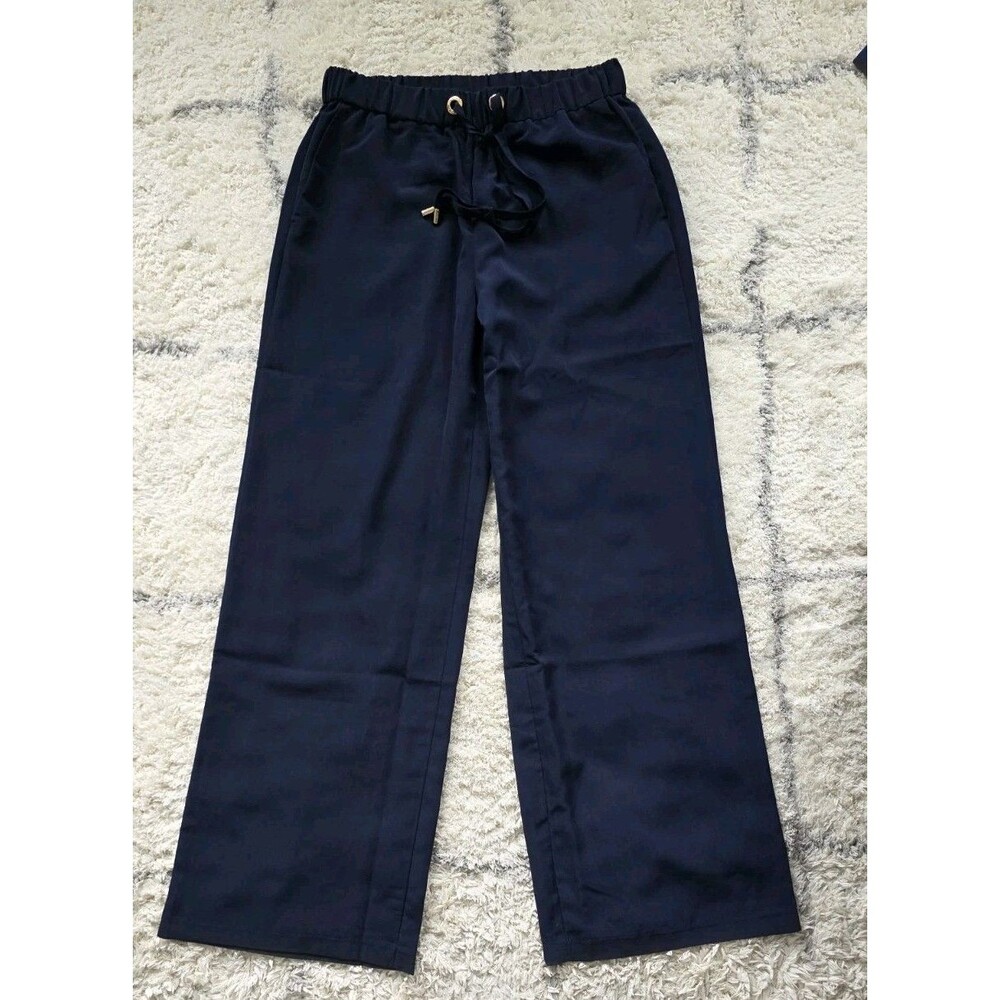 MICHAEL Michael Kors Navy Wide Leg Pants S Drawstring Gold Hardware Pull On